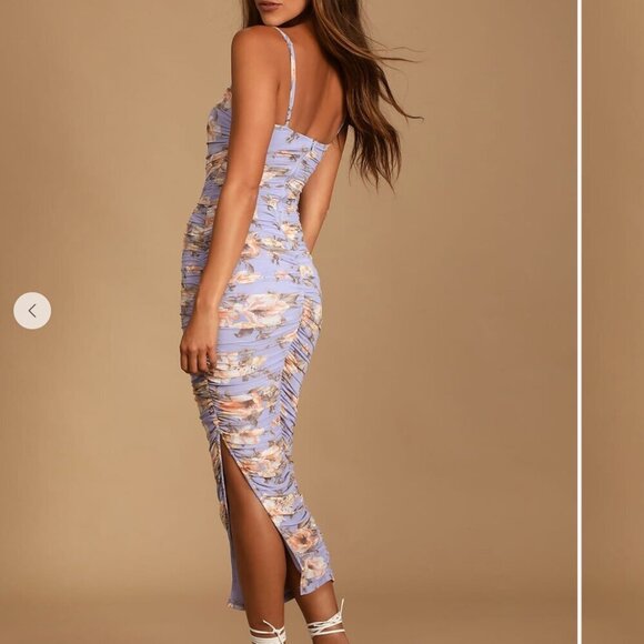 Lulus Stun and Only Lilac Floral Print Ruched Mesh Bodycon Midi Dress NWT XL - Picture 4 of 11